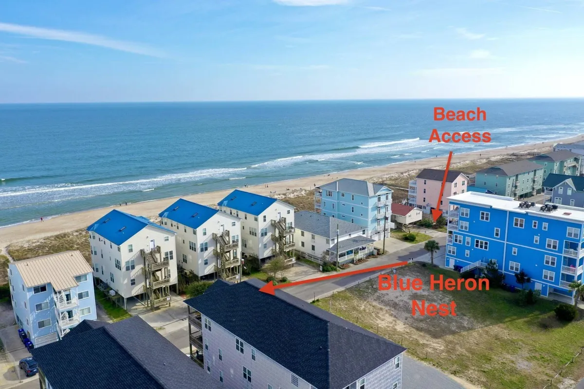 This exterior image prominently features the Blue Heron Nest, the condo building itself, with visible beach access and colorful nearby buildings, all set against a beautiful ocean backdrop. The relaxed and vibrant mood is enhanced by people enjoying beach activities such as building sandcastles and gathering as families.
